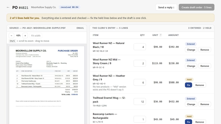 POClerk review: the emailed purchase order beside the clerk's entry, two of five lines held for a person to check