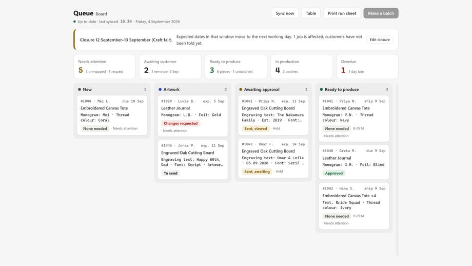 StatusClerk queue board: jobs in columns by stage — new, artwork, awaiting approval, ready to produce