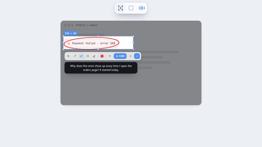 Croppick Voice: an error message circled in red on a dimmed screen, with the question asked out loud shown underneath the annotation toolbar